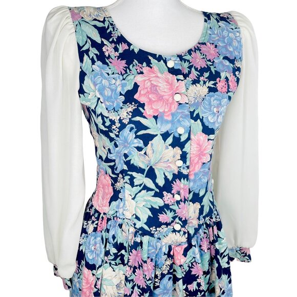 Vintage 80s Womens Floral Granny Cottagecore Sheer Sleeve Dress X-Small / Small - Picture 2 of 13